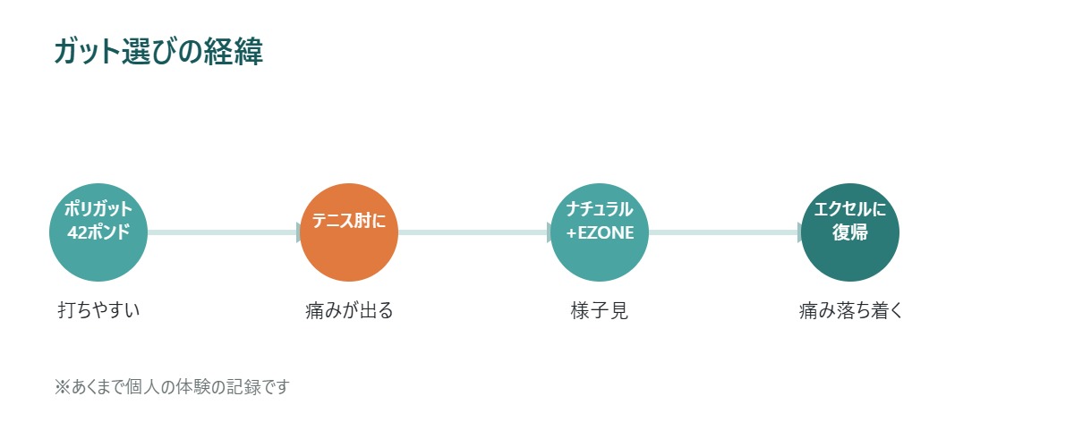 ポリガットからテニス肘、ナチュラルガット・EZONE経由でエクセルに戻るまでの経緯を示す図解