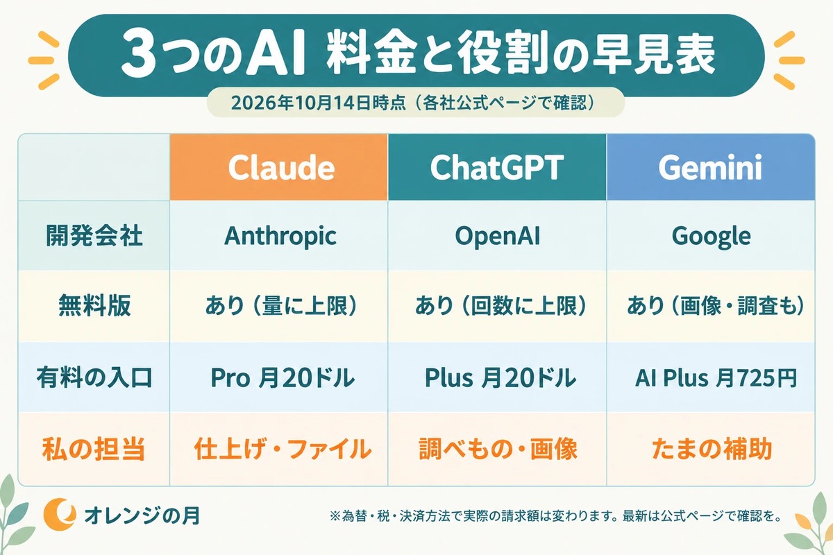 3つのAIの料金と役割の早見表(2026年10月14日時点)