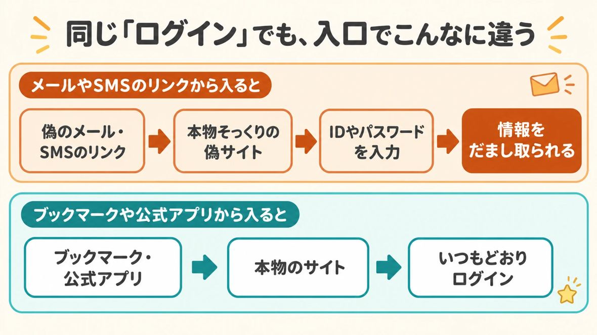 メールやSMSのリンクから入ると偽サイトでパスワードをだまし取られ、ブックマークや公式アプリから入ると本物のサイトにログインできる、という違いの図